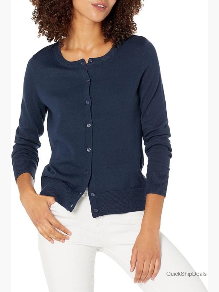 Lightweight Crewneck Cardigan Sweater Button Front Long Sleeve Cotton Blend